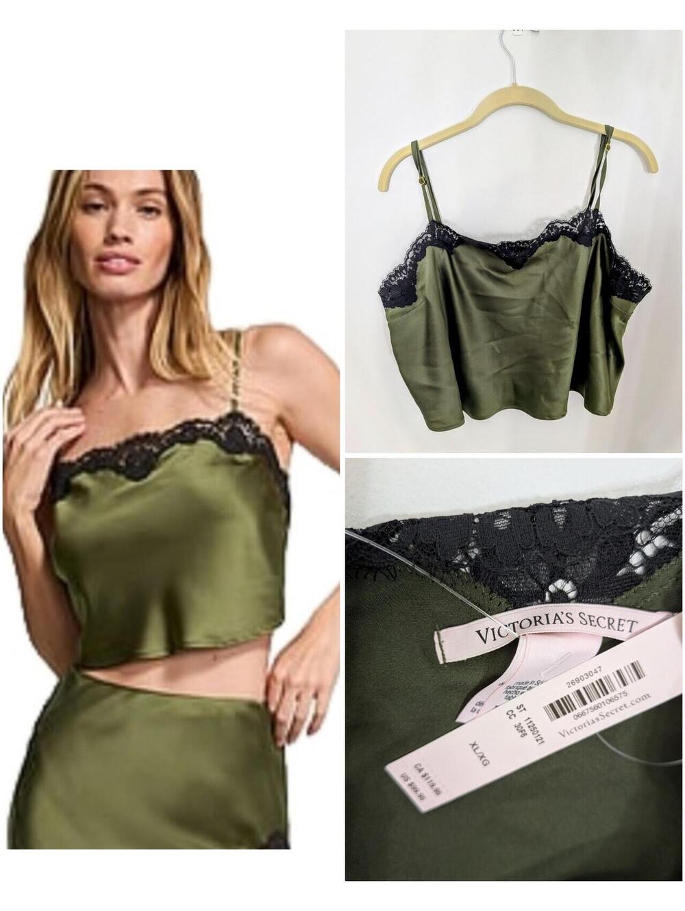 Victoria's Secret Olive Satin Lace-Trim Cropped Camisole Y2K Crop Festival XL